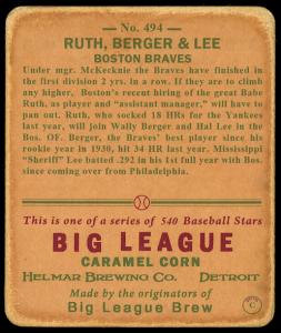 Picture, Helmar Brewing, R319-Helmar Card # 494, BABE RUTH (HOF), Wally Berger, Hal Lee, All bats down, Boston Braves