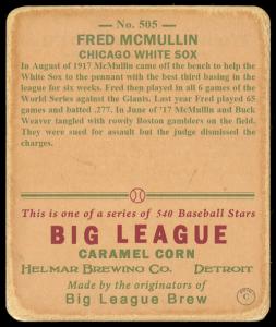 Picture, Helmar Brewing, R319-Helmar Card # 505, Fred McMullen, Big smile, purple distance, Chicago White Sox