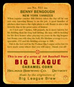 Picture, Helmar Brewing, R319-Helmar Card # 511, Bennie Bengough, Lifting mask off face, New York Yankees
