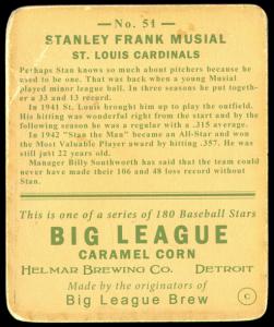 Picture, Helmar Brewing, R319-Helmar Card # 51, Stan MUSIAL (HOF), Swinging, St. Louis Cardinals