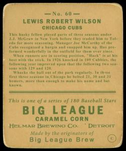 Picture, Helmar Brewing, R319-Helmar Card # 60, Hack WILSON, Bat Over Shoulder, Chicago Cubs