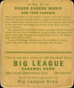 Picture, Helmar Brewing, R319-Helmar Card # 61, Roger Maris, Swinging, New York Yankees