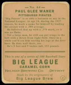 Picture, Helmar Brewing, R319-Helmar Card # 64, Paul WANER (HOF), Swinging, Pittsburgh Pirates