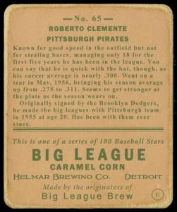 Picture, Helmar Brewing, R319-Helmar Card # 65, Roberto CLEMENTE, Green background, Pittsburgh Pirates