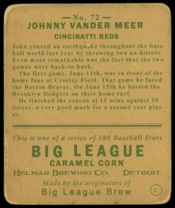 Picture, Helmar Brewing, R319-Helmar Card # 72, Johnny Vander Meer, Holding Baseball, Cincinnati Reds