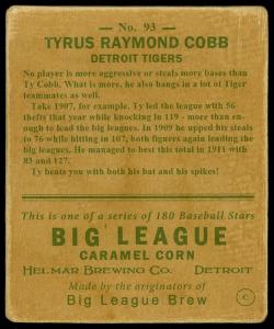 Picture, Helmar Brewing, R319-Helmar Card # 93, Ty COBB (HOF), Sliding, Detroit Tigers
