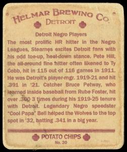 Picture, Helmar Brewing, R321-Helmar Card # 20, James BELL (HOF); Pete HILL (HOF); Bruce Petway; Turkey STEARNES (HOF);, NEGRO LEAGUES, Detroit Stars