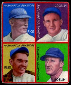 Picture of Helmar Brewing Baseball Card of Sam RICE (HOF); Joe CRONIN (HOF); Muddy Ruel; Goose GOSLIN (HOF);, card number 49 from series R321-Helmar