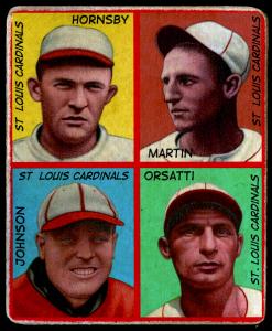 Picture of Helmar Brewing Baseball Card of Rogers HORNSBY (HOF); Pepper Martin; Si Johnson; Frank Orsatti;, card number 57 from series R321-Helmar