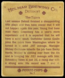 Picture, Helmar Brewing, R321-Helmar Card # 7, Mickey COCHRANE, Hank GREENBERG, Goose GOSLIN, Schoolboy Rowe, AL AMERICAN, Detroit Tigers