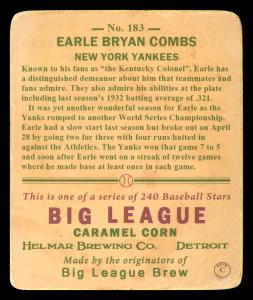 Picture, Helmar Brewing, T2-Helmar Card # 183, Earle COMBS, Portrait, New York Yankees