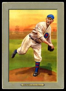 Picture, Helmar Brewing, T3-Helmar Card # 122, Larry Cheney, Yellow sky, finishing throw on mound, Boston Braves