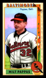 Picture, Helmar Brewing, This Great Game 1960s Card # 100, Milt Pappas, Pink/blue sky; uniform #32 prominent, Baltimore Orioles