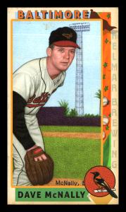 Picture, Helmar Brewing, This Great Game 1960s Card # 105, Dave McNally, Leaning forward, light tower behind, Baltimore Orioles