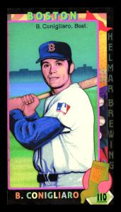 Picture, Helmar Brewing, This Great Game 1960s Card # 110, Billy Conigliaro, Blue mist, purple building. Bat on shoulder., Boston Red Sox