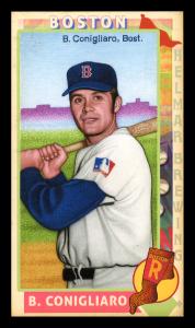 Picture, Helmar Brewing, This Great Game 1960s Card # 110, Billy Conigliaro, Blue mist, purple building. Bat on shoulder., Boston Red Sox