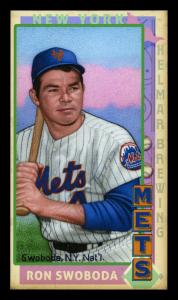 Picture, Helmar Brewing, This Great Game 1960s Card # 117, Ron Swoboda, Bat on shoulder. Pink/blue background, New York Mets