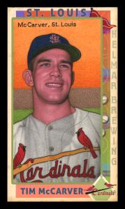 Picture, Helmar Brewing, This Great Game 1960s Card # 126, Tim McCarver, Chest up; orange sky, brown fence, St. Louis Cardinals