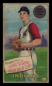 Picture, Helmar Brewing, This Great Game 1960s Card # 174, Sonny Siebert, Glove at chest; purple buildings, Cleveland Indians