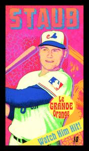 Picture, Helmar Brewing, This Great Game 1960s Card # 18, Rusty Staub, Posed batting follow through; green bleachers, Montreal Expos