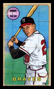 Picture, Helmar Brewing, This Great Game 1960s Card # 200, Denis Menke, Belt up sitting portrait, Milwaukee Braves