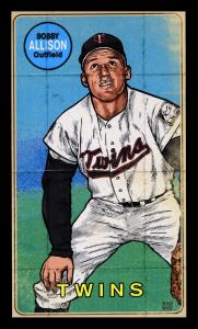 Picture, Helmar Brewing, This Great Game 1960s Card # 205, Bobby Allison, Posed stance, cropped, looking to distance., Minnesota Twins