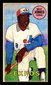 Picture, Helmar Brewing, This Great Game 1960s Card # 208, Mack Jones, Elbow on knee, mostly hidden bat, Montreal Expos