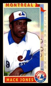 Picture, Helmar Brewing, This Great Game 1960s Card # 208, Mack Jones, Elbow on knee, mostly hidden bat, Montreal Expos