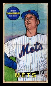 Picture, Helmar Brewing, This Great Game 1960s Card # 211, Marv Throneberry, looking away, bat on shoulder, close, New York Mets