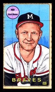 Picture, Helmar Brewing, This Great Game 1960s Card # 235, Red SCHOENDIST (HOF), end of swing, Milwaukee Braves