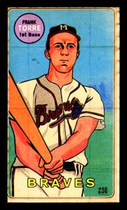 Picture, Helmar Brewing, This Great Game 1960s Card # 236, Frank Torre, Batting pose, purple building, Milwaukee Braves