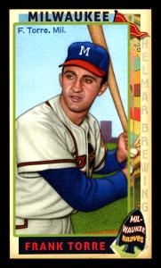 Picture, Helmar Brewing, This Great Game 1960s Card # 236, Frank Torre, Batting pose, purple building, Milwaukee Braves