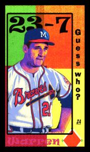 Picture, Helmar Brewing, This Great Game 1960s Card # 24, Warren SPAHN (HOF), Shoulders slumped, looking down and away, Milwaukee Braves