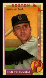 Picture, Helmar Brewing, This Great Game 1960s Card # 55, Rico Petrocelli, Orange sky, brown wall, bat, Boston Red Sox