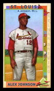 Picture, Helmar Brewing, This Great Game 1960s Card # 73, Alex Johnson, Standing, knees up, St. Louis Cardinals