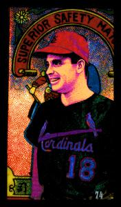 Picture, Helmar Brewing, This Great Game 1960s Card # 74, Mike Shannon, Belt up, purple building , St. Louis Cardinals