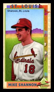 Picture, Helmar Brewing, This Great Game 1960s Card # 74, Mike Shannon, Belt up, purple building , St. Louis Cardinals