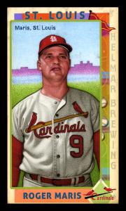 Picture, Helmar Brewing, This Great Game 1960s Card # 75, Roger Maris, Belt up, purple building in back, St. Louis Cardinals