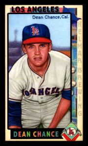 Picture, Helmar Brewing, This Great Game 1960s Card # 7, Dean Chance, Buildings in background, Los Angeles Angels