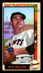 Picture, Helmar Brewing, This Great Game 1960s Card # 81, Stu Miller, Mitt at belt, looking up & away, San Francisco Giants