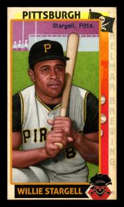 Picture, Helmar Brewing, This Great Game 1960s Card # 85, Willie Stargell, Bat on shoulder, purple background, Pittsburgh Pirates