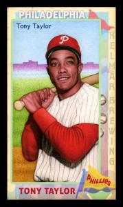 Picture, Helmar Brewing, This Great Game 1960s Card # 87, Tony Taylor, Bat on shoulder, purple buildings, Philadelphia Phillies