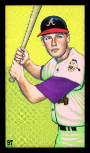 Picture, Helmar Brewing, This Great Game 1960s Card # 97, Woody Woodward, Batting helmet, bat cocked, Atlanta Braves