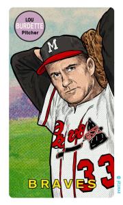 Picture, Helmar Brewing, This Great Game Rub-Off Decals 1960s Card # 14, Lew Burdette, glove behind head, Milwaukee Braves