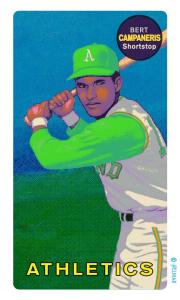 Picture, Helmar Brewing, This Great Game Rub-Off Decals 1960s Card # 16, Bert Campaneris, at bat; deep blue sky, Oakland Athletics