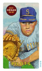 Picture, Helmar Brewing, This Great Game Rub-Off Decals 1960s Card # 38, Mike Hegan, reaching toward viewer, Seattle Pilots