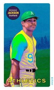 Picture, Helmar Brewing, This Great Game Rub-Off Decals 1960s Card # 44, Reggie JACKSON, Standing, deep blue sky, Oakland Athletics