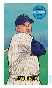 Picture, Helmar Brewing, This Great Game Rub-Off Decals 1960s Card # 49, Harmon KILLEBREW (HOF), End of swing, Minnesota Twins