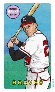 Picture, Helmar Brewing, This Great Game Rub-Off Decals 1960s Card # 64, Denis Menke, batting stance toward viewer, Milwaukee Braves