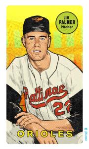 Picture of Helmar Brewing Baseball Card of JIM PALMER, card number 69 from series This Great Game Rub-Off Decals 1960s